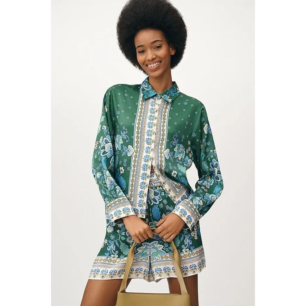 Anthropologie Maeve Long Sleeve Scarf Button Front Blouse, Green Floral, Size S - Picture 1 of 12